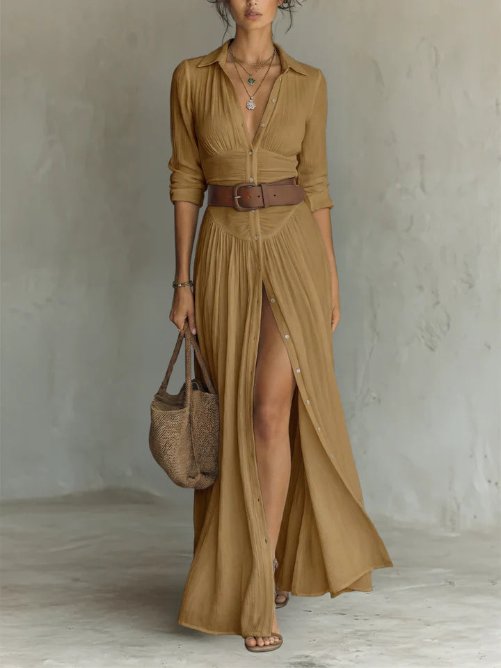 Robe Maxi Longue avec Col Revers et Manches Longues en Lin pour Femme