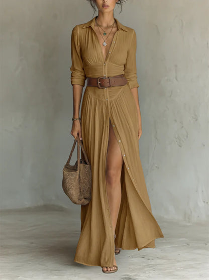 Robe Maxi Longue avec Col Revers et Manches Longues en Lin pour Femme