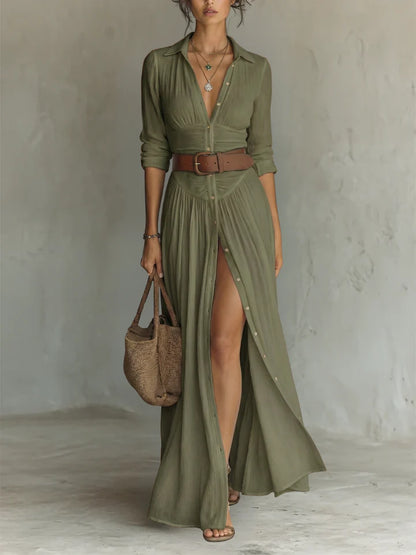 Robe Maxi Longue avec Col Revers et Manches Longues en Lin pour Femme