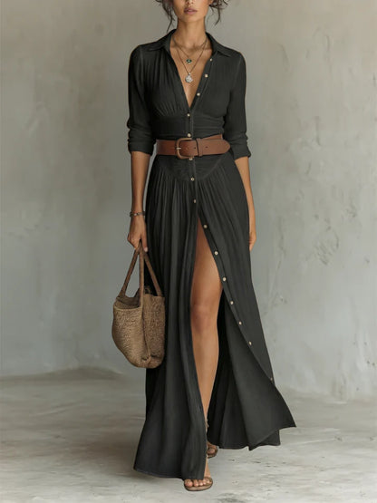 Robe Maxi Longue avec Col Revers et Manches Longues en Lin pour Femme