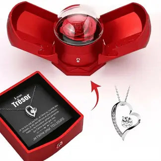 Coffret Rose Éternelle - Avec Collier Cœur en Or Blanc 14 carats