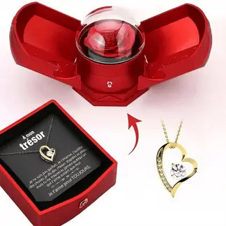Coffret Rose Éternelle - Avec Collier Cœur en Or Blanc 14 carats